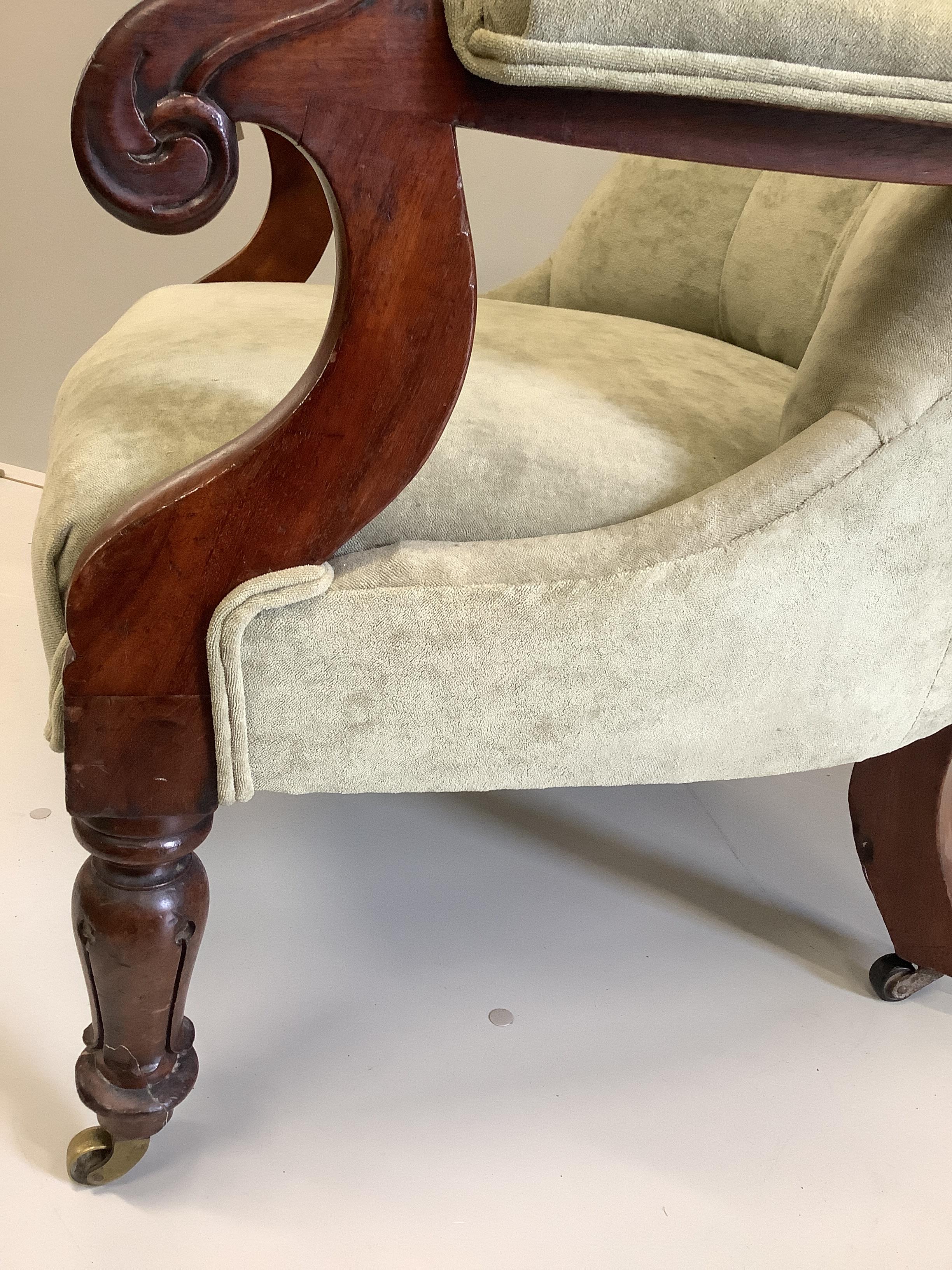A William IV upholstered mahogany open armchair, width 63cm, depth 70cm, height 95cm